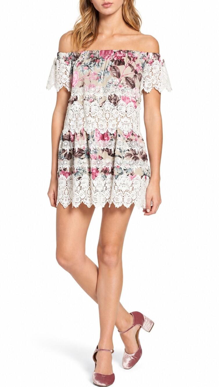 For Love & Lemons Cadence Off Shoulder Pink Floral Silk Blend Dress NWT Large